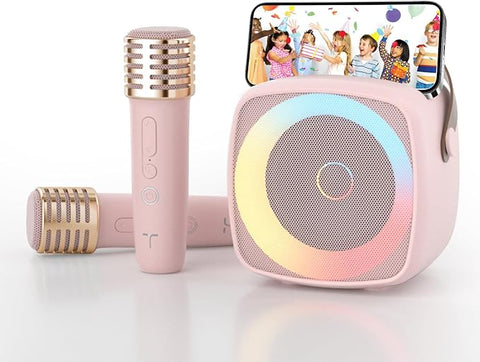 Karaoke Machine 2 Microphones for Home Party with Phone Holder, Wireless Portable Bluetooth Speaker with Dynamic Lights for Kids Adults Mini Voice Changer Mic Speaker Set for Boys Girls