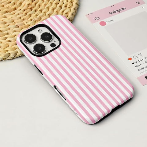 Compatible with iPhone 16 Pro Case Striped Cute Aesthetic Phone Case Shockproof TPU Hard PC Protective Cover for iPhone 16 Pro-Pink