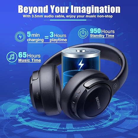 Bluetooth Headphones Over Ear, 65H Playtime and 6 EQ Music Modes Wireless Headphones with Microphone, HiFi Stereo Foldable Lightweight Headsets, Deep Bass for Home Office Cellphone PC Ect.