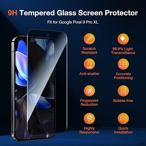 2 Pack Privacy Tempered Glass Screen Protector for Google Pixel 9 Pro XL, Anti Spy Private 9H Hardness Shatterproof Protective Film, Military-Grade Protection, Fingerprint Reader Unlock
