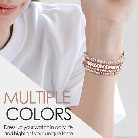 Beaded Bracelet Compatible with Apple Watch Band 38mm/40mm/41mm/42mm（Series 10） 9/8/7/SE/6/5/4/3/2/1 Women Fashion Handmade Elastic Stretch Strap for iWatch Bands Replacement Rose Gold