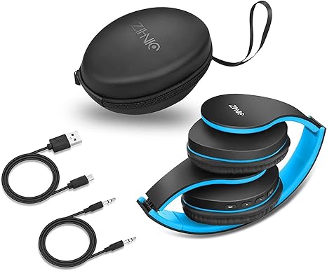 Bluetooth Headphones Over-Ear, Foldable Wireless and Wired Stereo Headset Micro SD/TF, FM for Cell Phone,PC,Soft Earmuffs &Light Weight for Prolonged Wearing (Black/Blue)