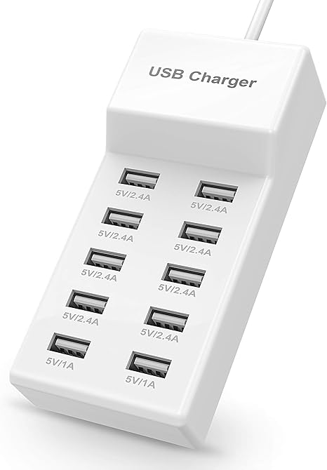 USB Charger Station Block with Rapid Charging Auto Detect Technology Safety Guaranteed 10-Port Family-Sized Smart USB Ports for Multiple Devices Smart Phone Tablet