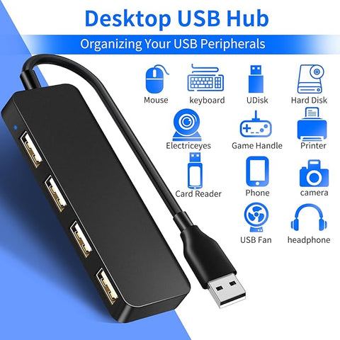USB Hub 4 Port USB 2.0 Splitter Hub Expander for Laptop Computer Flash Drive Console Printer Camera Keyboard Mouse More 1 to 4 Jack Extender for Charging/Data Sync