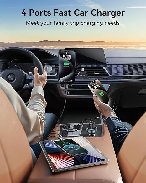 55W 4-Port Car Charger, PD3.0 QC3.0 Super Fast Charging USB C Car Charger for Multiple Devices, Cigarette Lighter Adapter for 17 iPhone 16/15/14 Series, iPad Pro, Samsung S25/S24 Ultra, Pixel