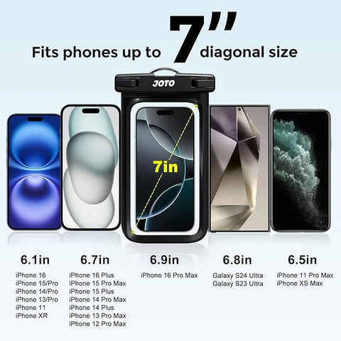 Universal Waterproof Phone Case for iPhone 16 15 14 13 Plus Pro Max, IPX8 Cellphone Dry Bag 12 11 Pro Max XR X 8 7 6S Plus SE, Galaxy S23 S22 S21 S20+ S20 S10 Plus Note, Pixel -Black
