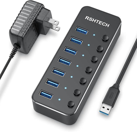 USB 3.0 Hub, 7 Port Powered USB Hub Expander Aluminum USB 3.0 Data Port hub with Universal 5V AC Adapter and Individual On/Off Switches USB Splitter for Laptop and PC(Black)