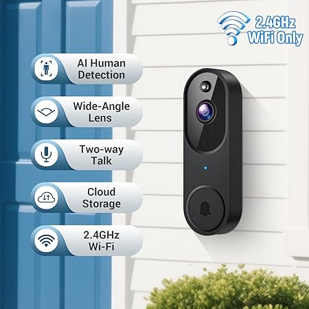 Wireless Smart Doorbell Camera, 1080P Video Resolutions, HD Live Image, AI Human Detection, Instant Alert, 2.4GHz Wi-Fi, Two- Way Audio, Night Vision, Cloud Storage,(Excluding Receiver)