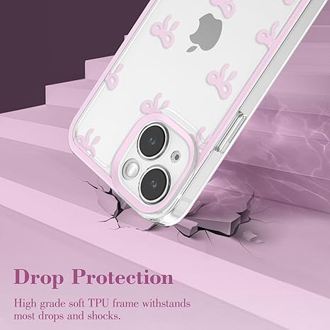 Case for iPhone 15, Clear Cute Ribbon Bowknot Pattern Aesthetic Transparent Phone Case Raised Camera Protection Stylish Slim Soft Durable TPU Protective Cover for Women Girls - Pink