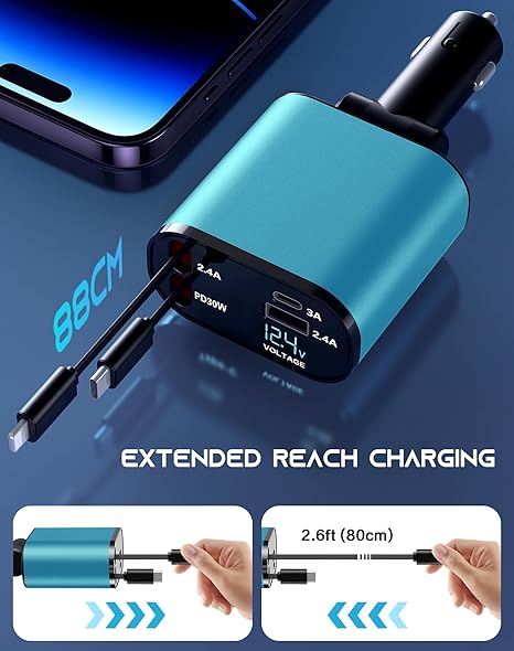 Retractable Car Phone Charger, 4 in 1 Fast Charge Car Phone Charger with 2 Retractable Cables(2.6ft) and 2 USB Ports, Compatible with iPhone15/14/15 Pro Max,Samsung (Light Blue) -Car charger