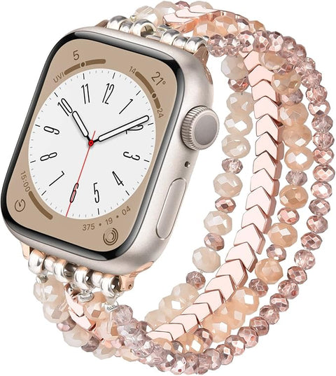 Beaded Bracelet Compatible with Apple Watch Band 38mm/40mm/41mm/42mm（Series 10） 9/8/7/SE/6/5/4/3/2/1 Women Fashion Handmade Elastic Stretch Strap for iWatch Bands Replacement Rose Gold