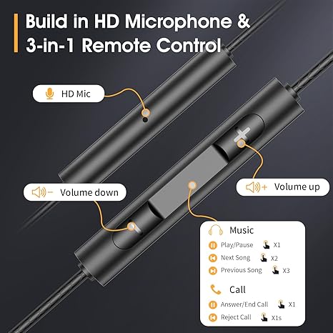 Black Wired Handsfree with Mic in-Ear Handsfree Build-in HiFi Stereo Handsfree Compatible for iPhone iPad Android Mp3 and Most of 3.5mm Aux Devices