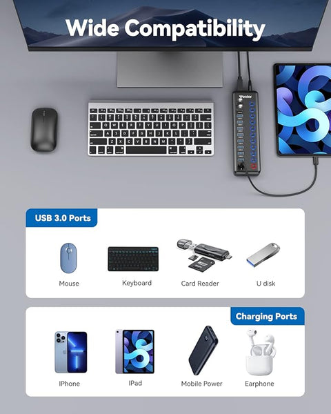 Powered USB Hub, Wenter 11-Port USB Splitter Hub (10 Faster Data Transfer Ports+ 1 Smart Charging Port) with Individual LED On/Off Switches, USB Hub 3.0 Powered with Power Adapter for Mac, PC