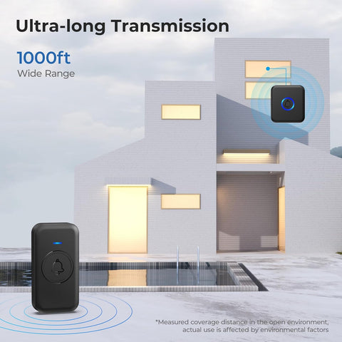 Wireless Doorbell, Waterproof Door Bell with 60 Chimes, 5 Volume Levels & 2 Mute Modes, Loud Doorbells Wireless for Home Classroom Office (1 Receiver & 1 Button, Black, American Plug)