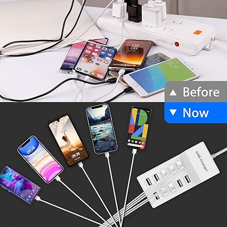 USB Charger Station Block with Rapid Charging Auto Detect Technology Safety Guaranteed 10-Port Family-Sized Smart USB Ports for Multiple Devices Smart Phone Tablet