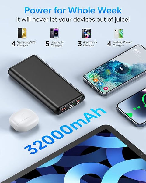 Portable Charger, 32000mAh 5V/3A Power Bank with Dual 22.5W High-Speed Charging, Thinnest Travel Essentials with LED Display, Battery Pack Compatible with iPhone Samsung iPad etc (Black)
