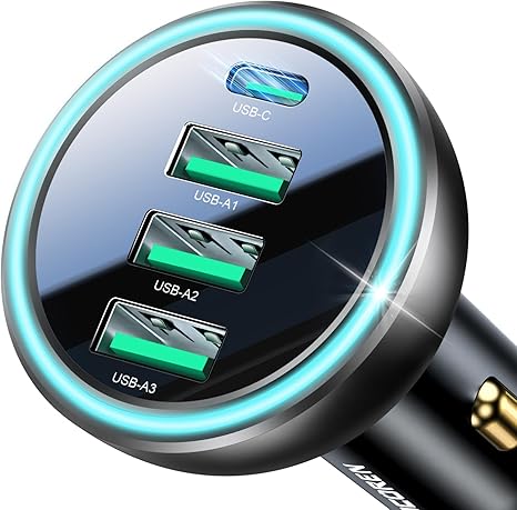55W 4-Port Car Charger, PD3.0 QC3.0 Super Fast Charging USB C Car Charger for Multiple Devices, Cigarette Lighter Adapter for 17 iPhone 16/15/14 Series, iPad Pro, Samsung S25/S24 Ultra, Pixel