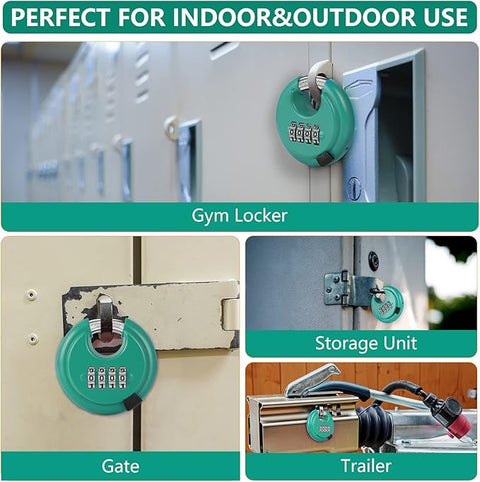 Rohuis Padlock Combination Lock - 4 Digit Discus Locker Lock with Hardened Steel Shackle - Heavy Duty Disc Pad Lock for Outdoors Sheds Fence, Gate Hasps, Storage Unit (Green)