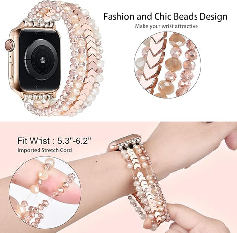 Beaded Bracelet Compatible with Apple Watch Band 38mm/40mm/41mm/42mm（Series 10） 9/8/7/SE/6/5/4/3/2/1 Women Fashion Handmade Elastic Stretch Strap for iWatch Bands Replacement Rose Gold