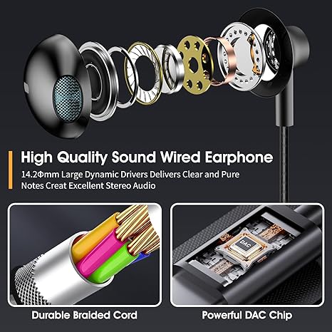 Black Wired Handsfree with Mic in-Ear Handsfree Build-in HiFi Stereo Handsfree Compatible for iPhone iPad Android Mp3 and Most of 3.5mm Aux Devices