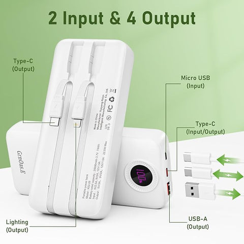Portable Charger 20000mAh，22.5W Fast Charging Power Bank, Cell Phone Replacement Battery with 5 Output 2 Input for iPhone 16/15 Plus/15 Pro Pro Max,Samsung Galaxy,and More(1 Pack,Pearl White)