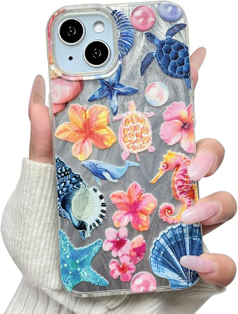Compatible for iPhone 15 Case Seascape Cute Marine Life Flower Floral with Silver Feather Yarn Design for Women Girls Soft TPU+PC Shockproof Protective Girly-Seahorse