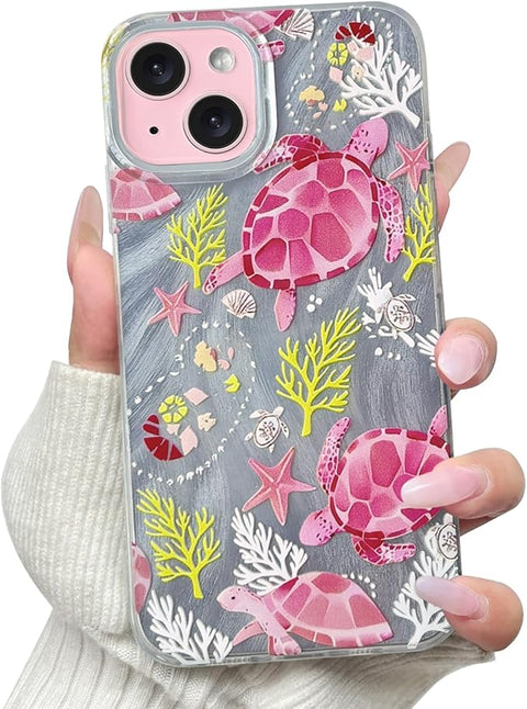 Compatible for iPhone 15 Case Seascape Cute Marine Life Flower Floral with Silver Feather Yarn Design for Women Girls Soft TPU+PC Shockproof Protective Girly-Seahorse