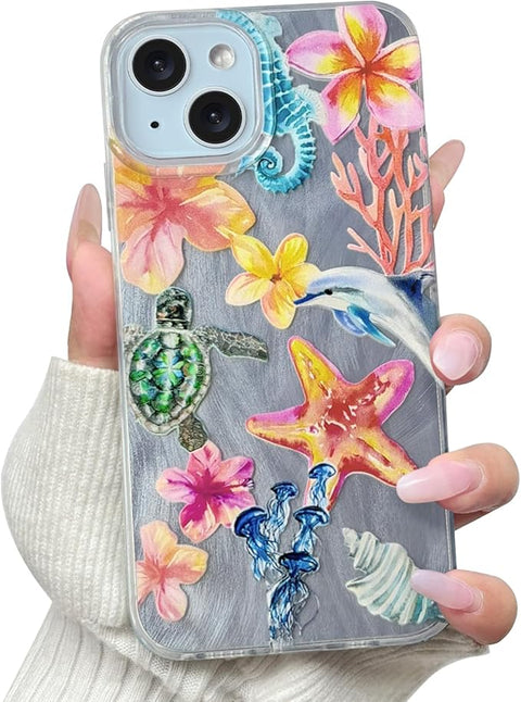 Compatible for iPhone 15 Case Seascape Cute Marine Life Flower Floral with Silver Feather Yarn Design for Women Girls Soft TPU+PC Shockproof Protective Girly-Seahorse