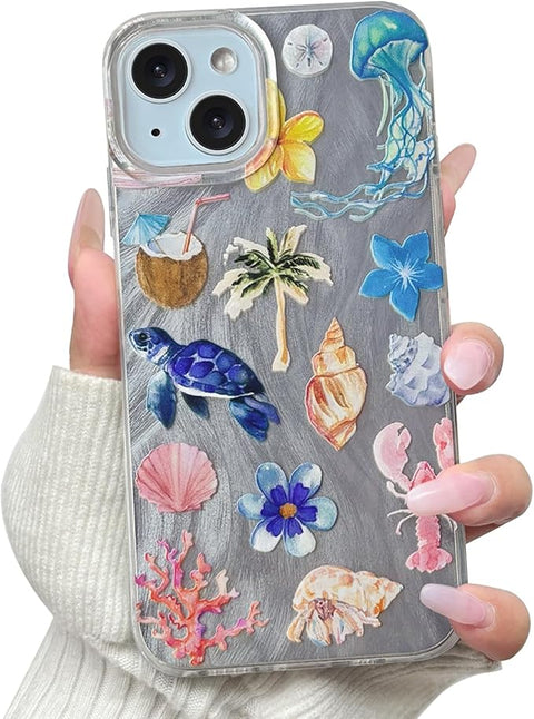 Compatible for iPhone 15 Case Seascape Cute Marine Life Flower Floral with Silver Feather Yarn Design for Women Girls Soft TPU+PC Shockproof Protective Girly-Seahorse