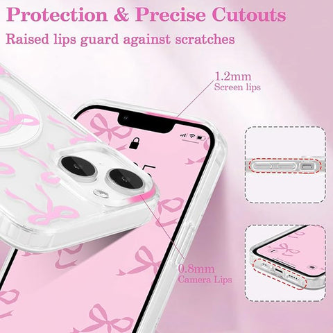 Magnetic for iPhone 14 & iPhone 13 Case, Bow Case Compatible with MagSafe, Wireless Slim Clear Ribbon Phone Cover Anti-Yellowing Shockproof Protective Cover for Women Girl - Pink