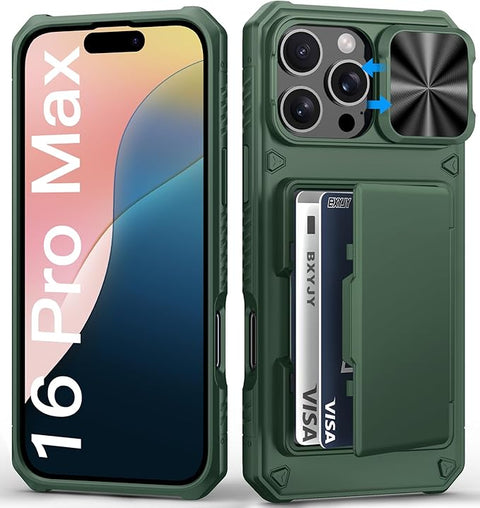 for iPhone 16 Pro Max Case Wallet, Built-in Card Holder (4-5 Cards), Slide Lens Cover, Military Drop Protection, Rugged Heavy Duty Men Women Protective Phone Case for iPhone 16 Pro Max,