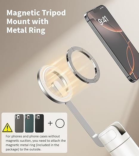 Magnetic Selfie Stick Tripod with Aluminum Strong Magnetic Holder for Magsafe, 360° Rotatable Travel Phone Tripod Stand with Metal Ring & Rechargeable Remote for iPhone/Android(Beige Gray)