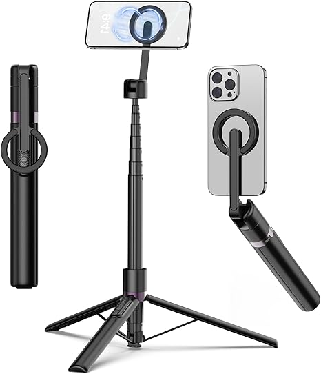 Magnetic Selfie Stick Tripod with Aluminum Strong Magnetic Holder for Magsafe, 360° Rotatable Travel Phone Tripod Stand with Metal Ring & Rechargeable Remote for iPhone/Android(Beige Gray)
