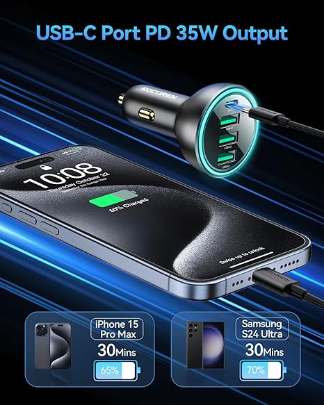 55W 4-Port Car Charger, PD3.0 QC3.0 Super Fast Charging USB C Car Charger for Multiple Devices, Cigarette Lighter Adapter for 17 iPhone 16/15/14 Series, iPad Pro, Samsung S25/S24 Ultra, Pixel