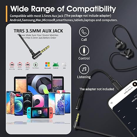 Black Wired Handsfree with Mic in-Ear Handsfree Build-in HiFi Stereo Handsfree Compatible for iPhone iPad Android Mp3 and Most of 3.5mm Aux Devices