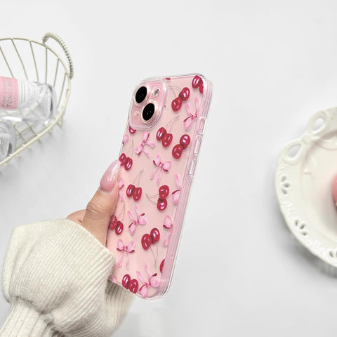 Compatible with iPhone 15 Plus Case Cute Clear Cherry Bowknot Design for Women Girls Bow Ribbon Soft Fit Slim Stylish Anti Yellowing Protective Phone Cover - Pink