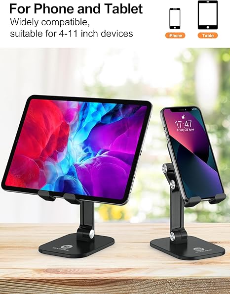 Phone Stand, Adjustable Height and Angle Foldable Cell Phone Stand Holder for Desk, Taller iPhone Stand Compatible with 4.7"-13" Smartphones iPad Tablet, Black _phone Holder