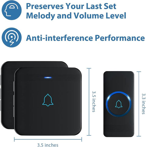 Wireless Doorbell, D-3B Waterproof Door Chime Kit Operating at over 1300 Feet with 2 Plug-In Receivers, 52 Melodies, CD Quality Sound and LED Flash