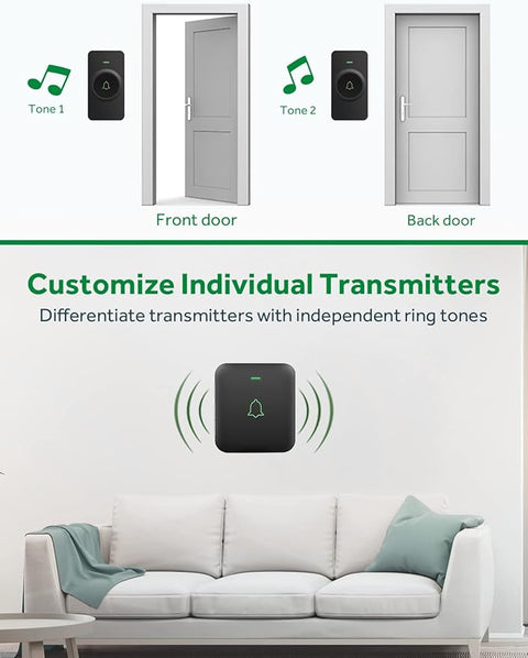 Wireless Door Bell, CB-21 Mini Waterproof Wireless Doorbell Operating at Over 1000 Feet, 2 Remote Buttons Can Have Different Tones, 52 Melodies, CD Quality Sound and LED Flash