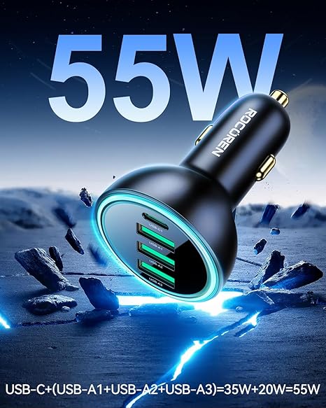 55W 4-Port Car Charger, PD3.0 QC3.0 Super Fast Charging USB C Car Charger for Multiple Devices, Cigarette Lighter Adapter for 17 iPhone 16/15/14 Series, iPad Pro, Samsung S25/S24 Ultra, Pixel