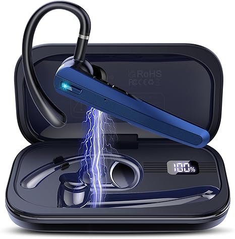 Bluetooth Headset V5.3, Wireless Headset with ENC Noise Canceling Mic, 120Hrs Talk Single-Ear Bluetooth Earpiece, LED Display, IP7 Waterproof Hand-Free Earphone for Business/Trucker/Driver, Dark Blue