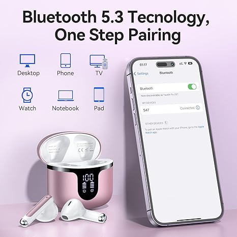 Wireless Earbuds Bluetooth Headphones 5.3 Stereo 50 Hour Playback Ear Buds with LED Display and with 4 ENC Noise Cancelling Mic Wireless Earphones, for Phone, Tablet, Laptop, Sports, Rose Gold