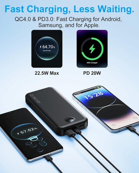 Portable Phone Charger, 12000mAh 22.5W Fast Charging Power Bank with Built-in Cables & Wall Plug, External Battery Bank with LED Display, Travel Essential Battery Pack for iPhone, iPad, Samsung