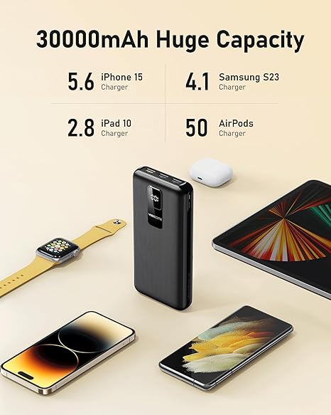 Portable Charger 30000mAh Power Bank Fast Charging with PD&QC USB C, 4 USB Outputs Battery Pack Backup with LED Display Compatible with iPhone 15/14/13/12/11 Pro iPad Android Samsung LG, etc