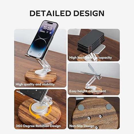 Cell Phone Stand for Desk, Foldable 360 Rotating Cell iPhone Holder with Acacia Base, Adjustable Travel Cell Phone Mobile Stand for All Smartphones, iPhones, IPads