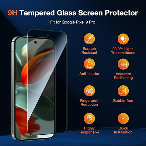 2 Pack Privacy Tempered Glass Screen Protector for Google Pixel 9 Pro, Anti Spy Private 9H Hardness Anti-Scratch Shatterproof Protective Film, Military-Grade Protection, Fingerprint Unlock