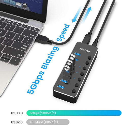 USB 3.0 Hub, 7 Port Powered USB Hub Expander Aluminum USB 3.0 Data Port hub with Universal 5V AC Adapter and Individual On/Off Switches USB Splitter for Laptop and PC(Black)