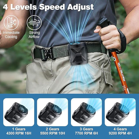 Portable Fan Rechargeable, Personal Waist Neck Wearable Cooling Fan with Light up to 16Hours Working Time, 4 Speeds 9200RPM Strong Airflow for Outdoor, Jobsite, Camping, Travel