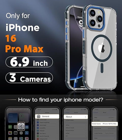 Strong Magnetic Case for iPhone 16 Pro Max 6.9-Inch,[Compatible with Magsafe] Clear Slim Shockproof Protective Phone Cover for Women Men-Transparent+Blue