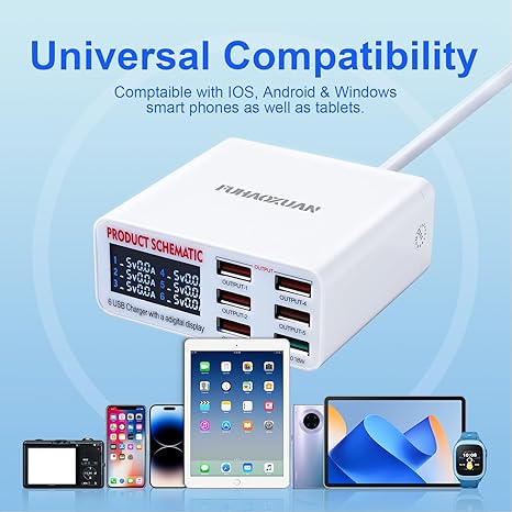USB Charging Station for Multiple Devices, 40w 6-Ports USB Charger Station, 5USB+1QC3.0 Ports Fast Charging Station Block, Compatible with Phone Watch Pad for Home Office Travel